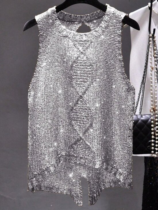 Sweaters - Grey Casual Women's Sleeveless Metallic Knit Tank Top